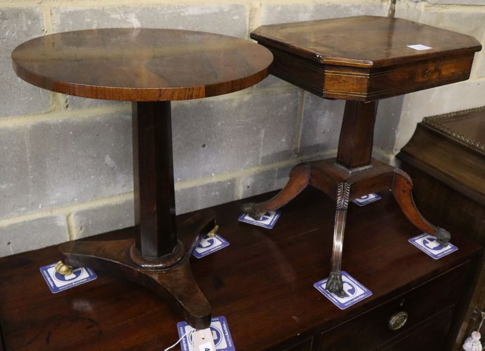 A Regency rosewood work table (cut down) together with a Victorian circular rosewood occasional table, 42cm diameter